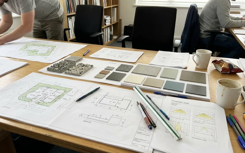 Architectural review submission packet with site plan and photometric sheet