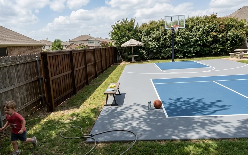 Backyard court with a neat fence respecting property setbacks