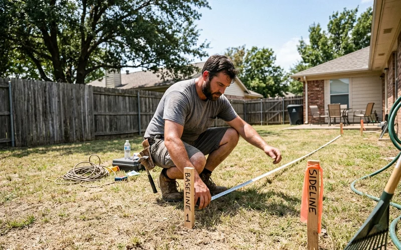 Builder measuring a backyard for a basketball pad with tape and stakes