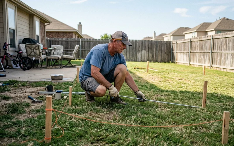 Builder measuring a backyard with tape and marker stakes