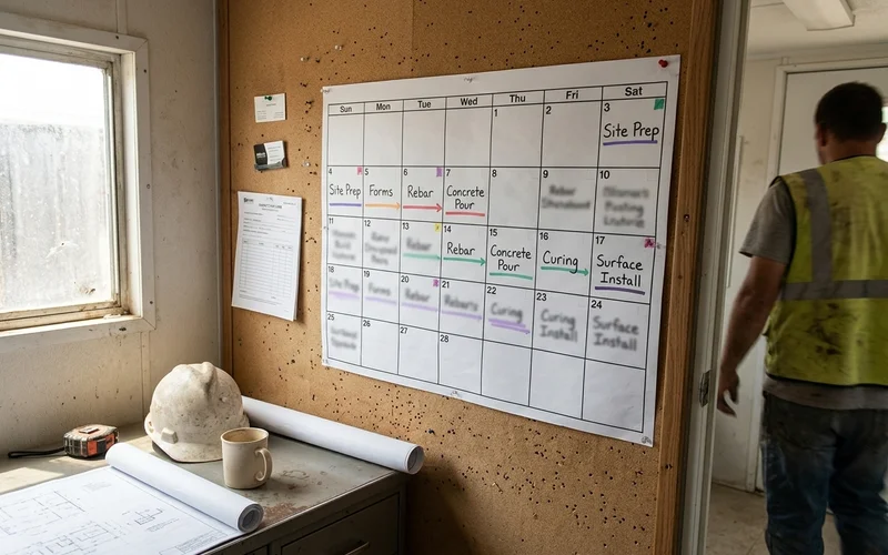 Build schedule pinned inside a work trailer showing the five-week programme