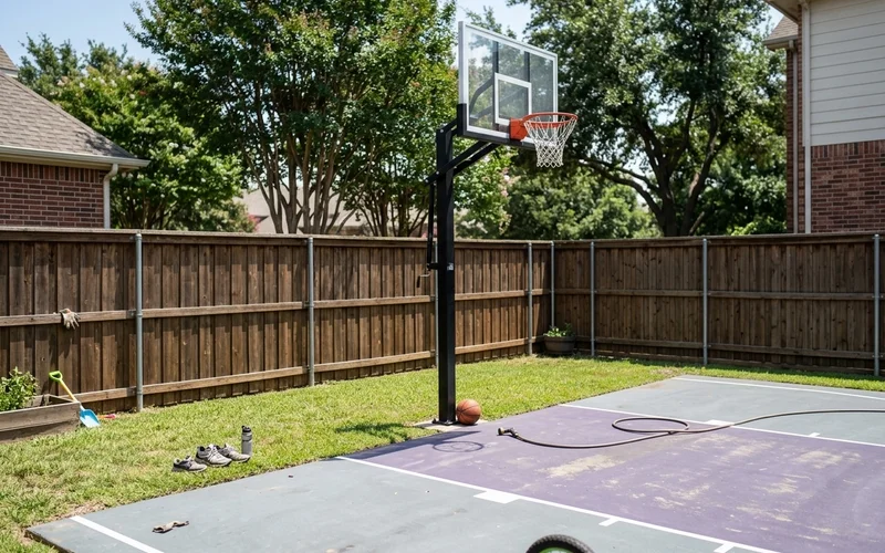 Clear run-off space behind a basketball goal baseline in a suburban yard