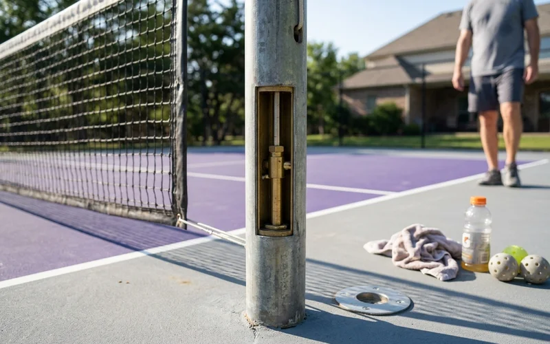 Brass internal-wind net tensioner and centre strap anchor set flush in the court