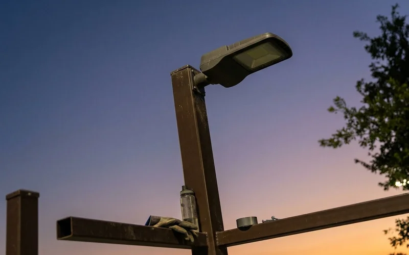 Court light pole head with a forward-throw LED fixture angled toward the surface