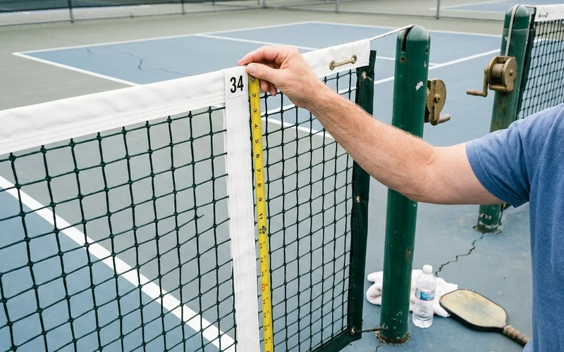 Pickleball net measured at the centre strap showing regulation height