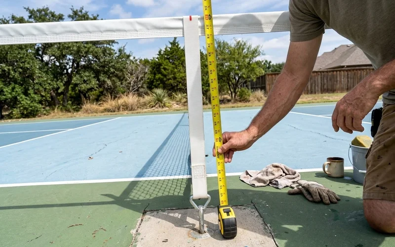 Tennis net centre strap anchored into the court surface at regulation height