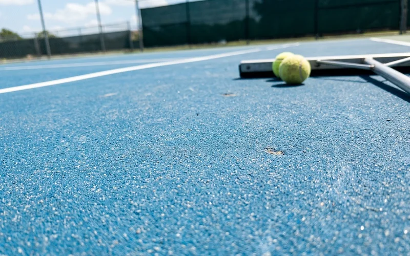 Close-up of acrylic court texture showing silica sand grain under bright sun