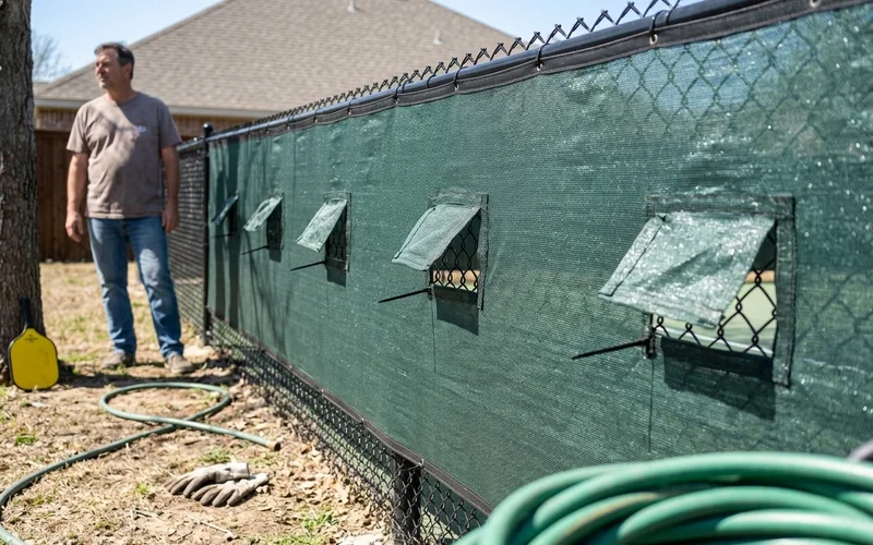 HDPE windscreen fabric showing air-relief blowout vents on a court fence