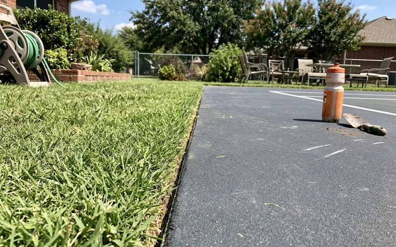 Turf edging meeting a court surface with a clean straight seam