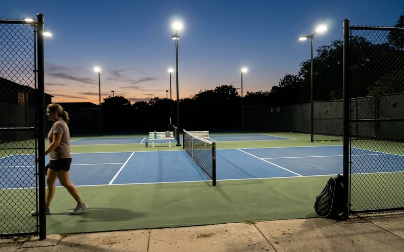 Commercial court with compliant lighting and fencing showing no spill at the boundary