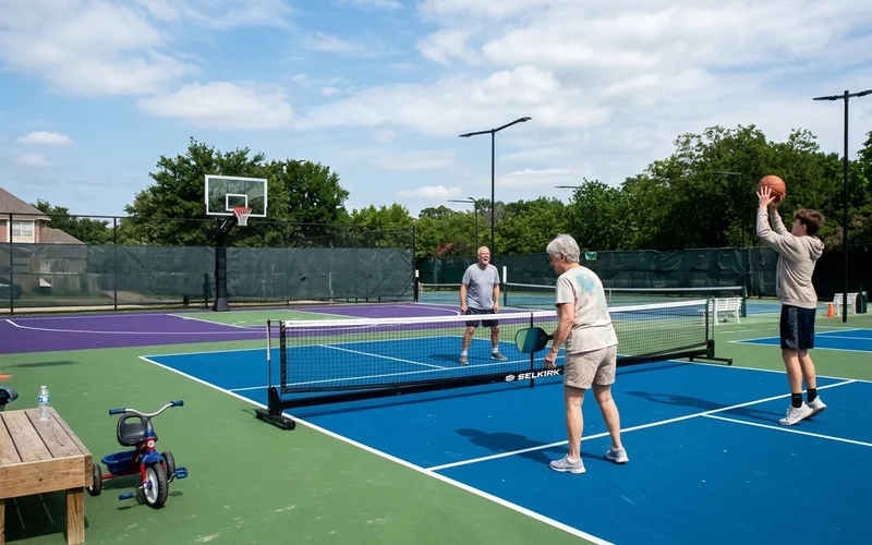 Community amenity multi-sport court in use by residents of different ages