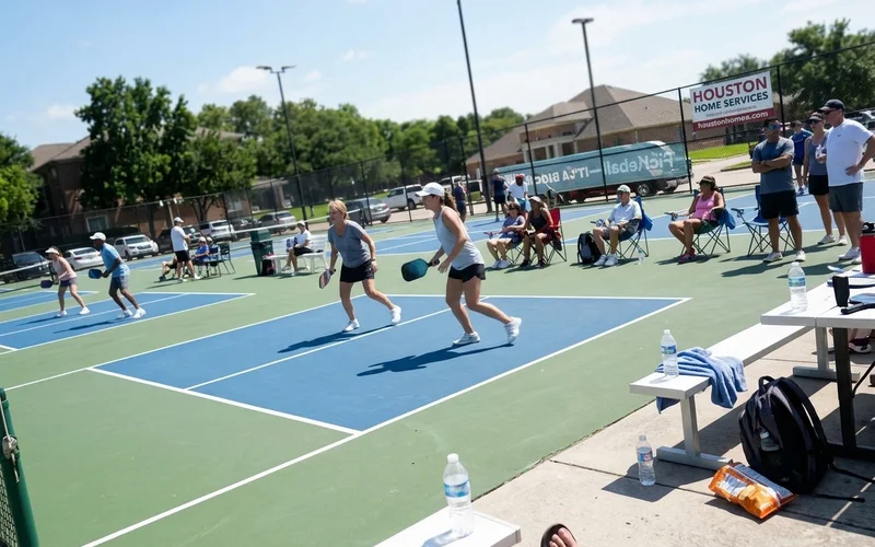Community pickleball tournament in Houston with a sponsor banner
