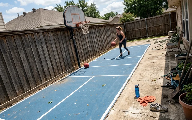Compact court pad fitted between a fence line and a patio on a tight lot