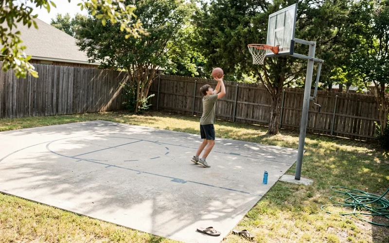 Compact mini basketball court in a modest backyard
