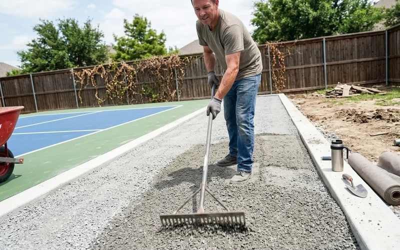 Compacted crushed aggregate sub-base being levelled beneath artificial turf