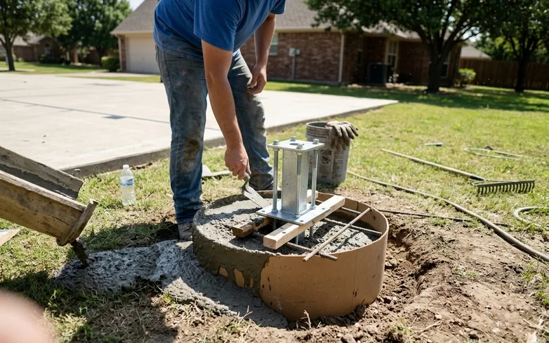 Concrete footing being poured for an in-ground basketball goal anchor