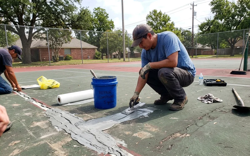 Crew applying a fibreglass crack repair membrane over a prepared crack