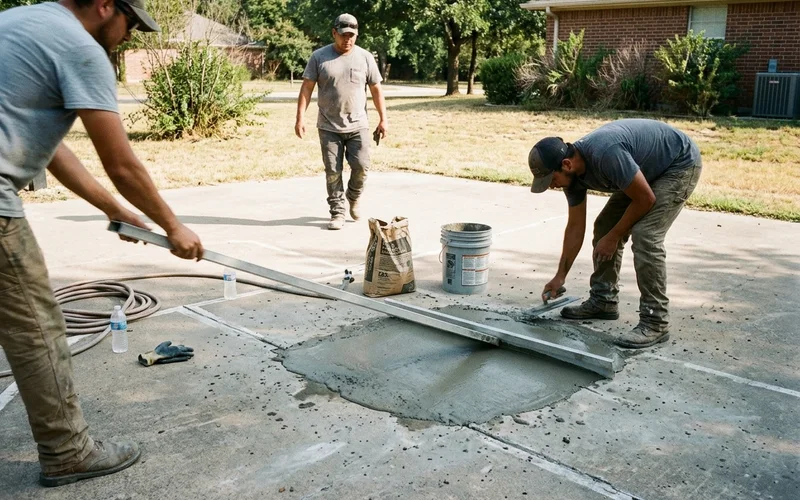 Crew applying levelling compound to a birdbath low spot with a screed board