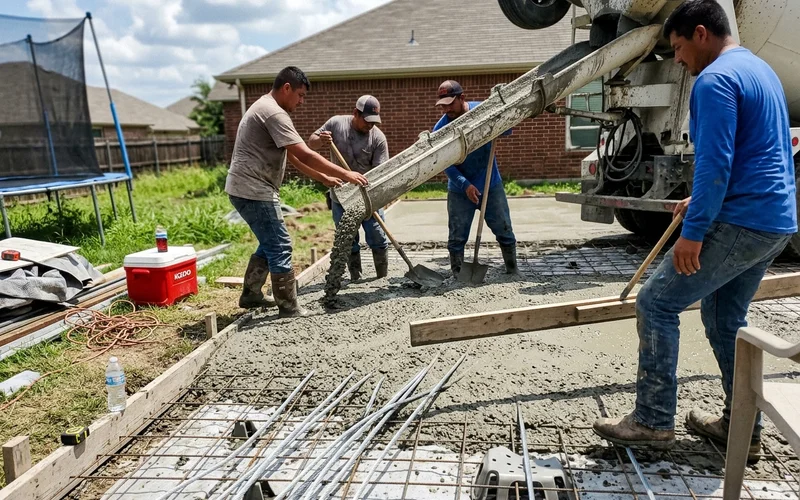 Crew pouring concrete for a court slab with post-tension cables in place