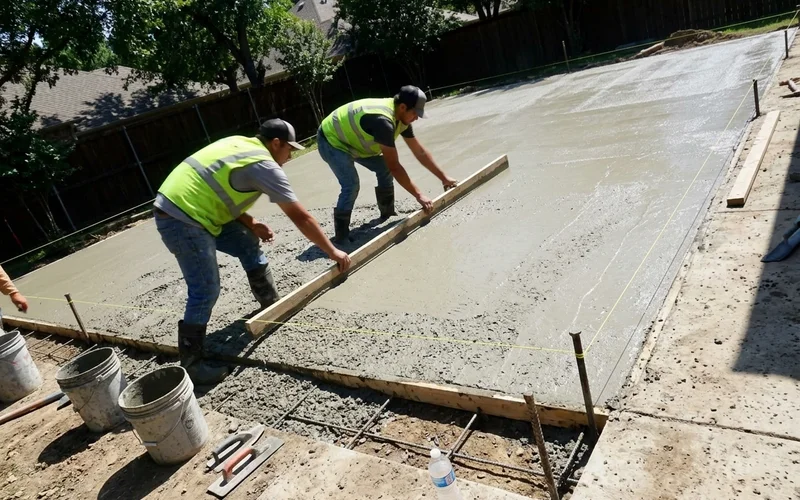 Crew screeding concrete across a court slab to the drainage slope