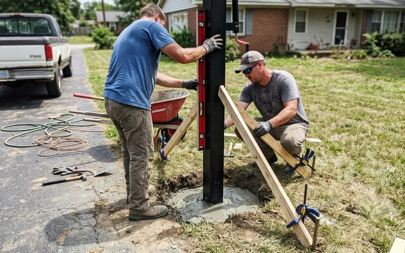 Crew setting a basketball pole into a deep concrete footing