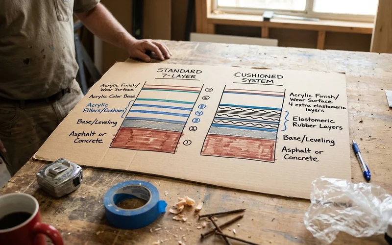 Cross-section comparing standard acrylic layers with a cushioned system