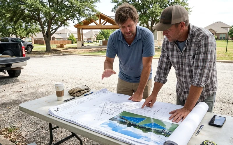 Developer reviewing a community amenity site plan with civil drawings