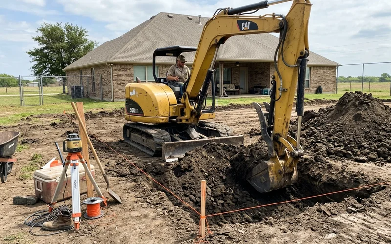 Excavator cutting a large tennis court pad to depth with string lines set