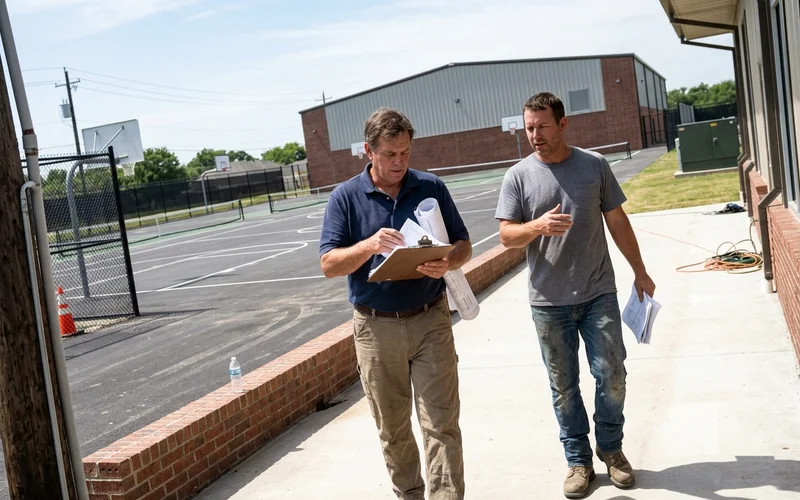 Facilities manager and builder walking the finished facility at handover