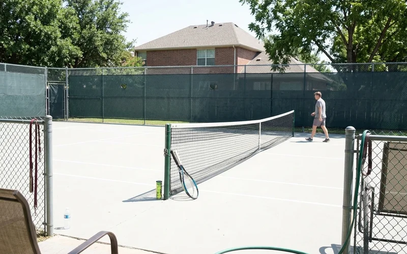 Finished home tennis court with net, lines and perimeter fencing