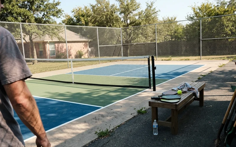 Finished pickleball court with net at the final walkthrough