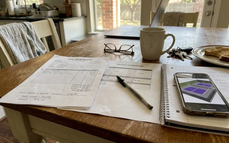 Flat-rate quote and build schedule laid out with a 3D court rendering