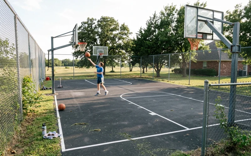 Full-size backyard basketball court on an acreage lot with two goals