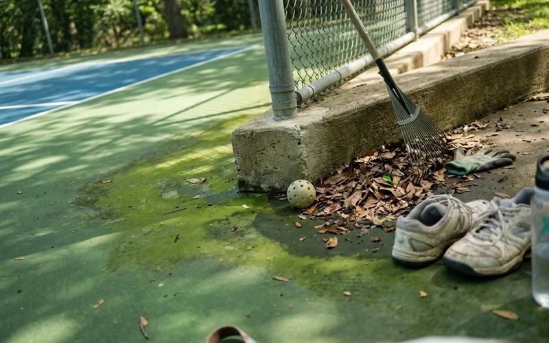 Algae growth in a shaded damp corner of a court beside leaf litter