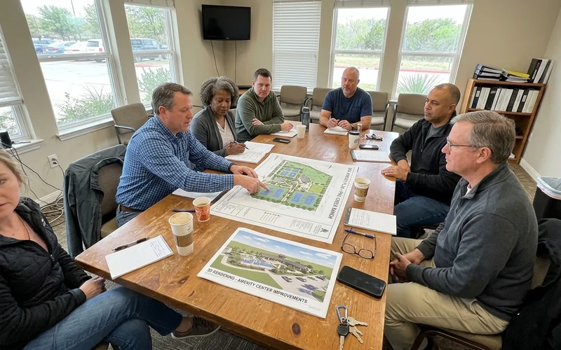HOA board meeting reviewing a court amenity plan and 3D rendering