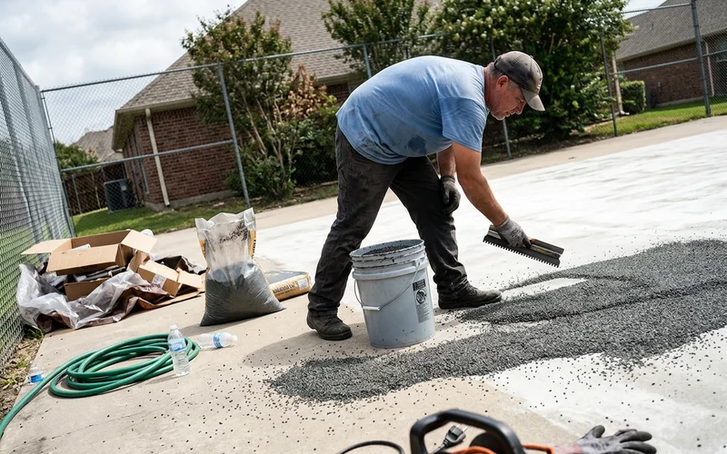 Installer spreading a rubber-granule cushion layer across a prepared court slab