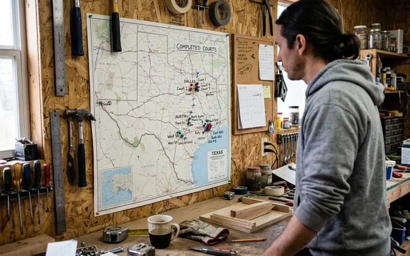 Wall map of Texas marked with completed court locations