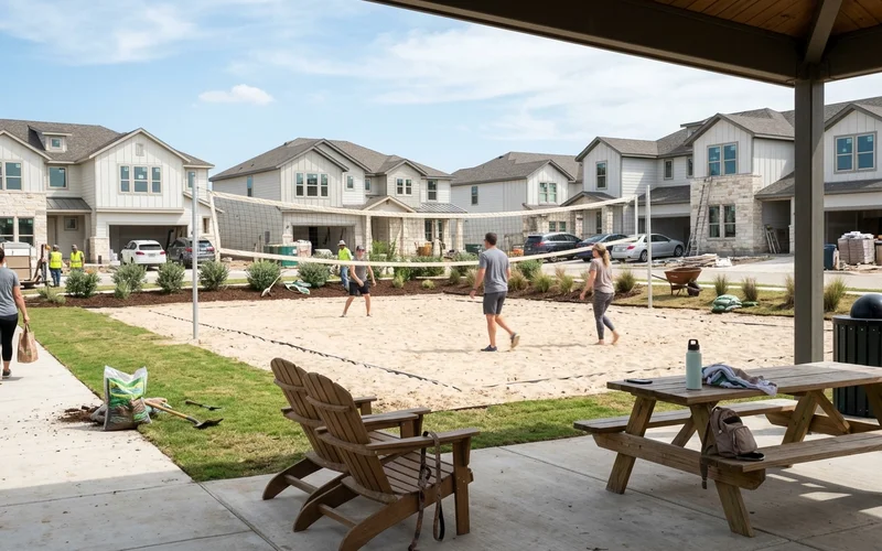 Newly finished amenity court at a build-to-rent community with landscaping under way
