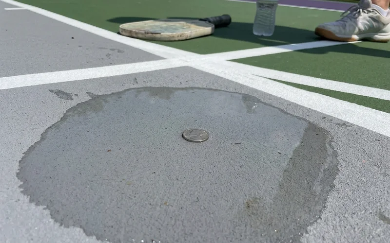 Nickel laid flat in a shallow puddle demonstrating the nickel-test tolerance