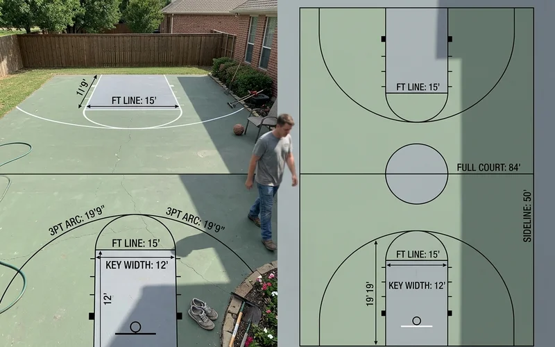 Overhead diagram comparing half court and full court layouts with callouts