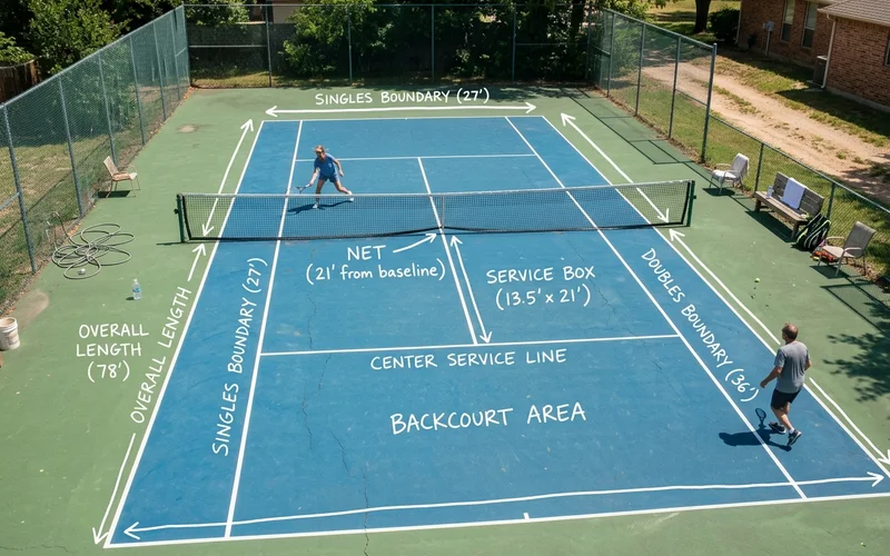 Overhead diagram of a tennis court with dimension callouts