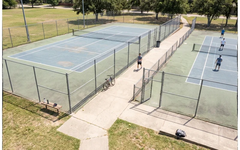 Overhead layout of a multi-court complex with walkways and fencing