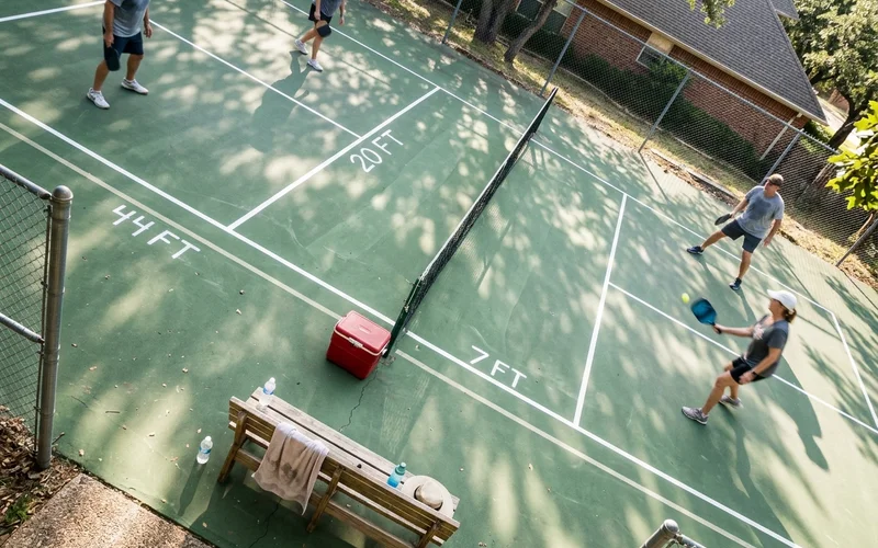 Overhead view of a pickleball court with dimension callouts