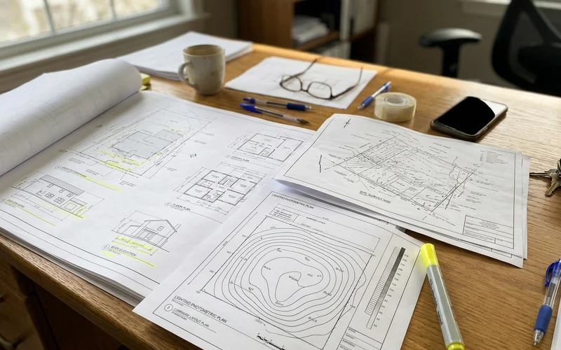 Permit drawings and lighting photometric plan spread across a desk