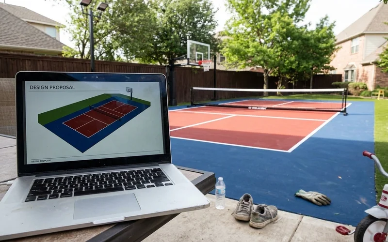 3D court rendering beside the finished real court in the same backyard