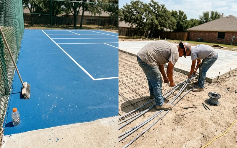 Side-by-side of a resurfaced court and a newly rebuilt slab