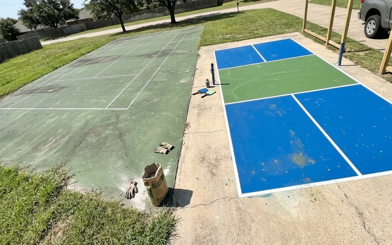 Side-by-side comparison of full-size and mini tennis court footprints
