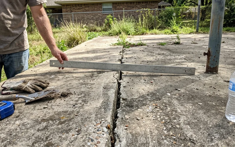 Straight edge across a structural crack showing a height difference