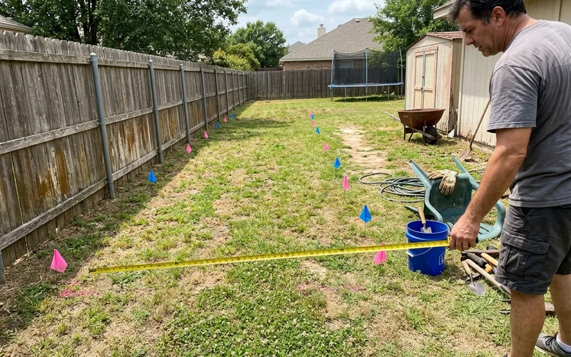 Tape measure and marker flags laying out a court footprint in a backyard