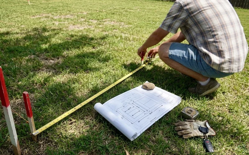 Tape measure and site plan on the grass during a backyard measurement